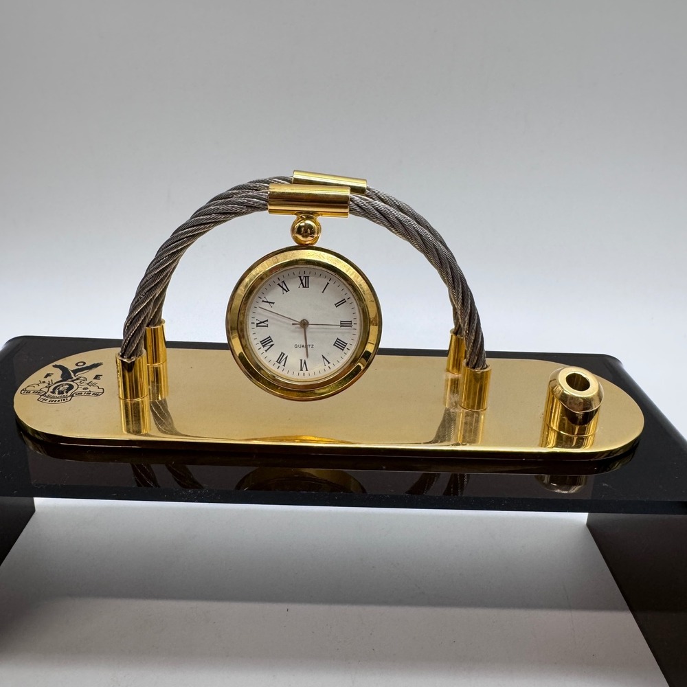 Vintage Fraternal Order of Eagles (FOE) Auxiliary Desk Clock Gold Pen Holder Set